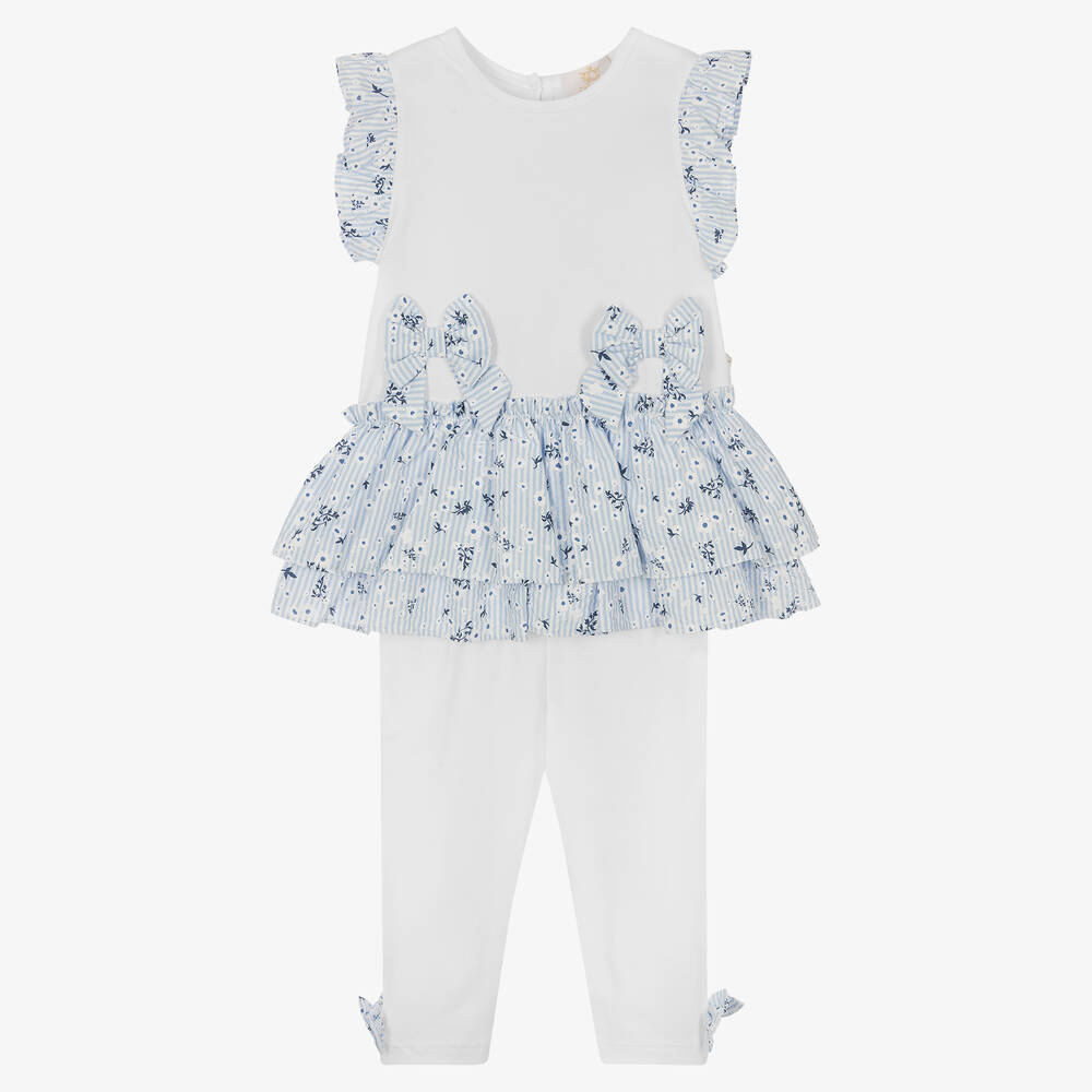 Caramelo Kids - Girls Blue & White Cotton Leggings Set | Childrensalon