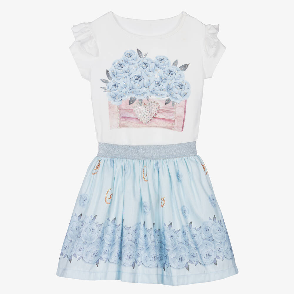 Caramelo Kids - Белая футболка с цветком и голубая юбка | Childrensalon