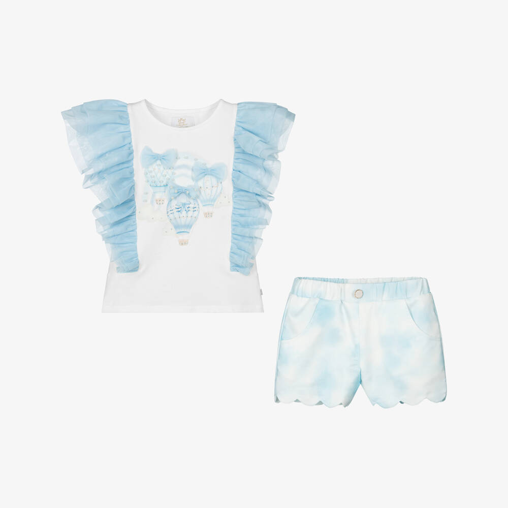 Caramelo Kids-Girls Blue & White Tulle-Trim Ensemble | Childrensalon Outlet