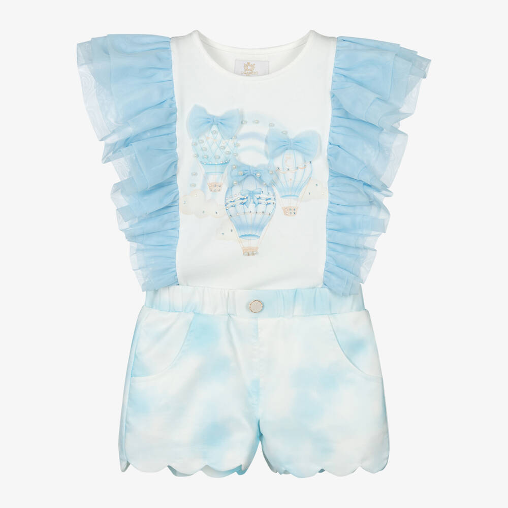 Caramelo Kids-Girls Blue & White Tulle-Trim Ensemble | Childrensalon Outlet