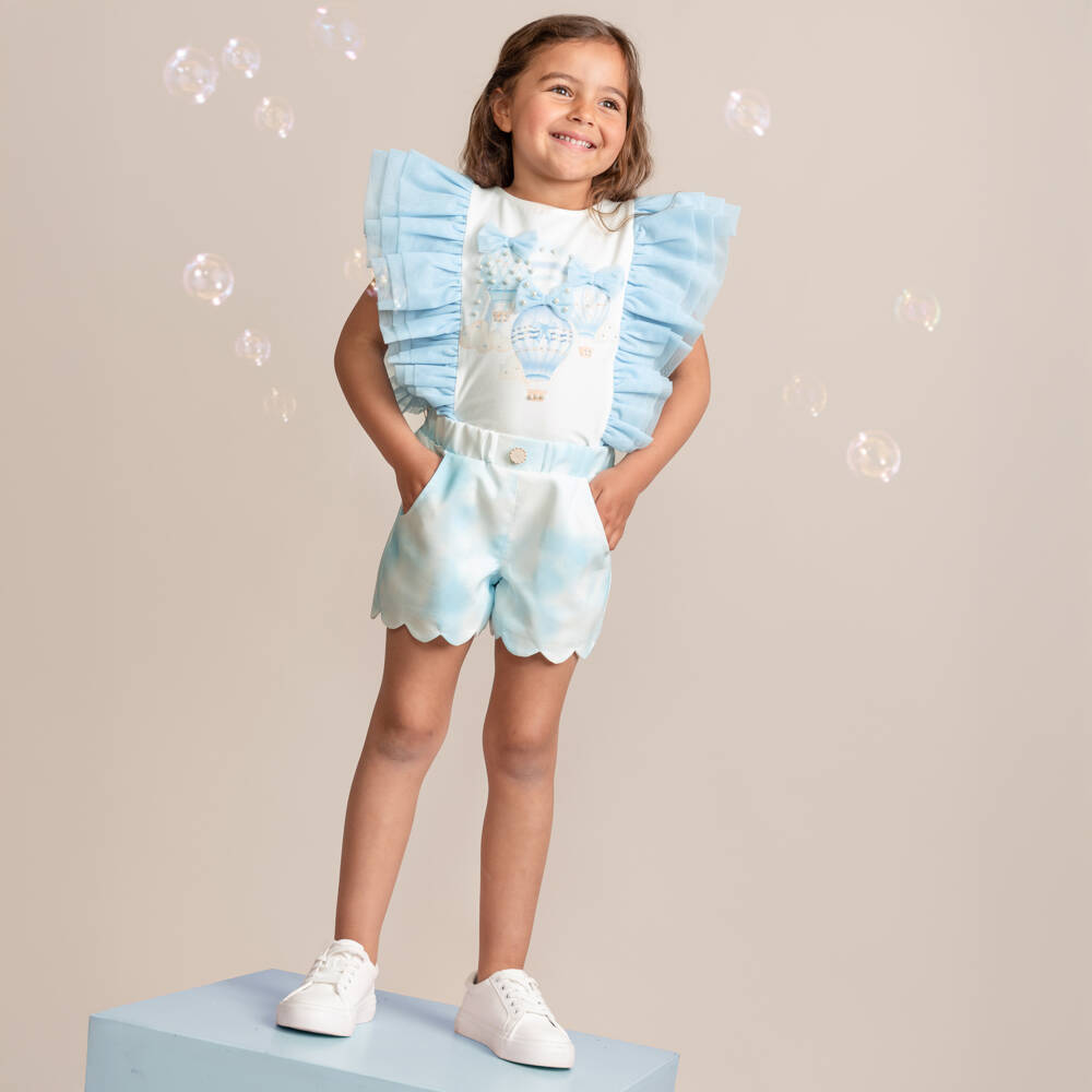 Caramelo Kids-Girls Blue & White Tulle-Trim Ensemble | Childrensalon Outlet