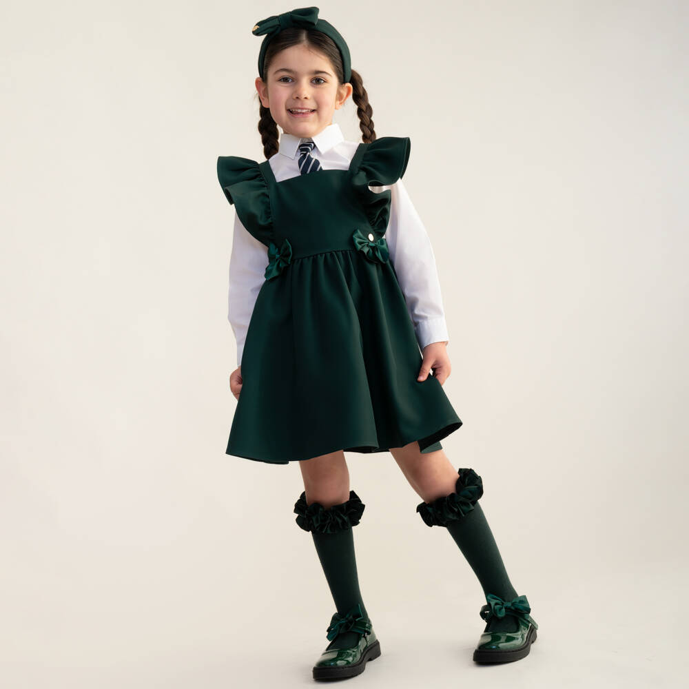 Caramelo Kids-Girls Bottle Green Pinafore Dress with Ruffles & Bows | Childrensalon Outlet
