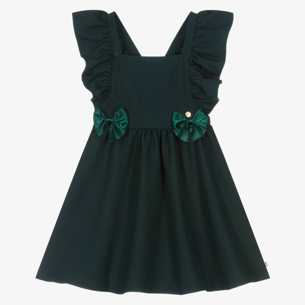 Caramelo Kids-Girls Bottle Green Pinafore Dress with Ruffles & Bows | Childrensalon Outlet