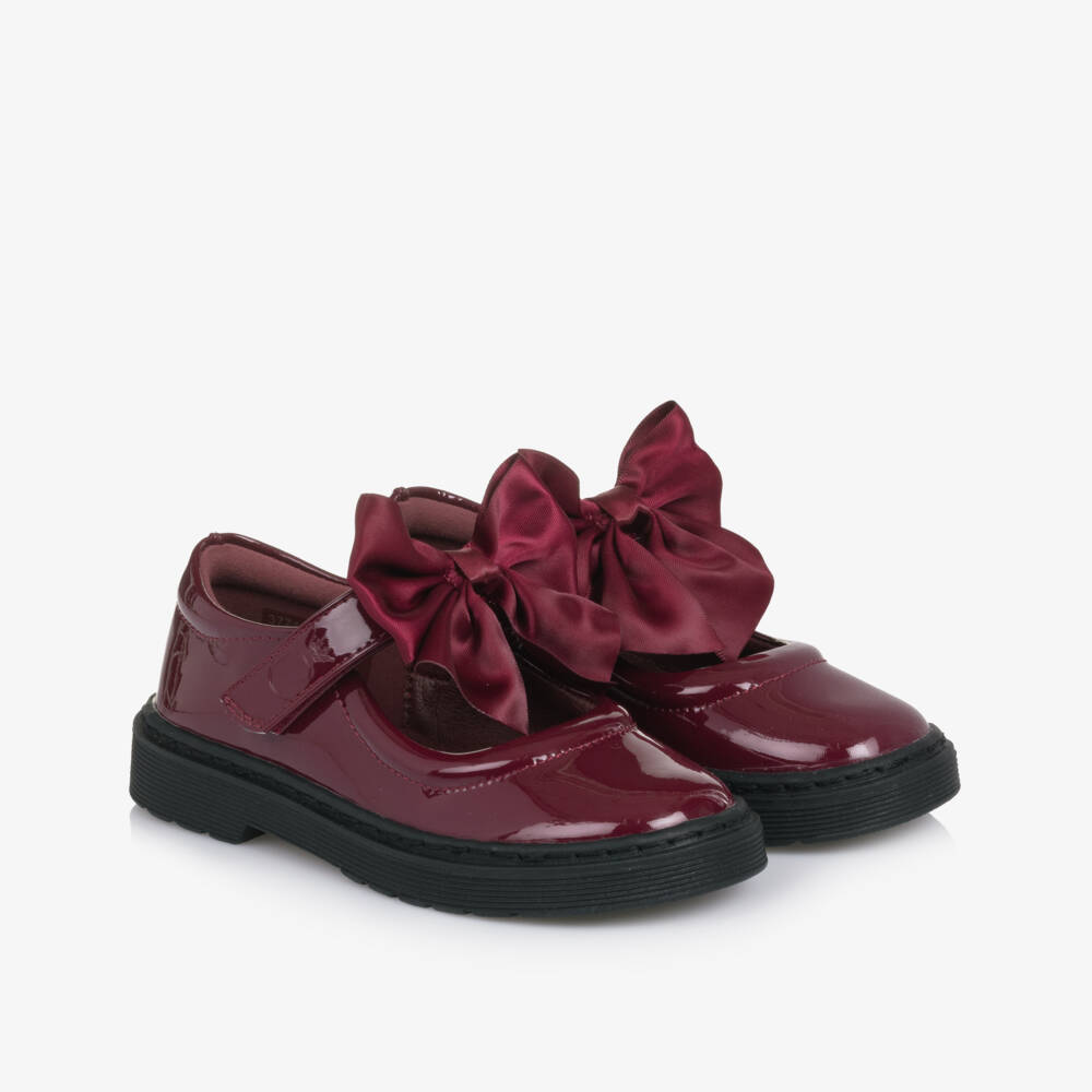 Caramelo Kids-Girls Burgundy Red Patent Velcro Shoes with Bow | Childrensalon Outlet