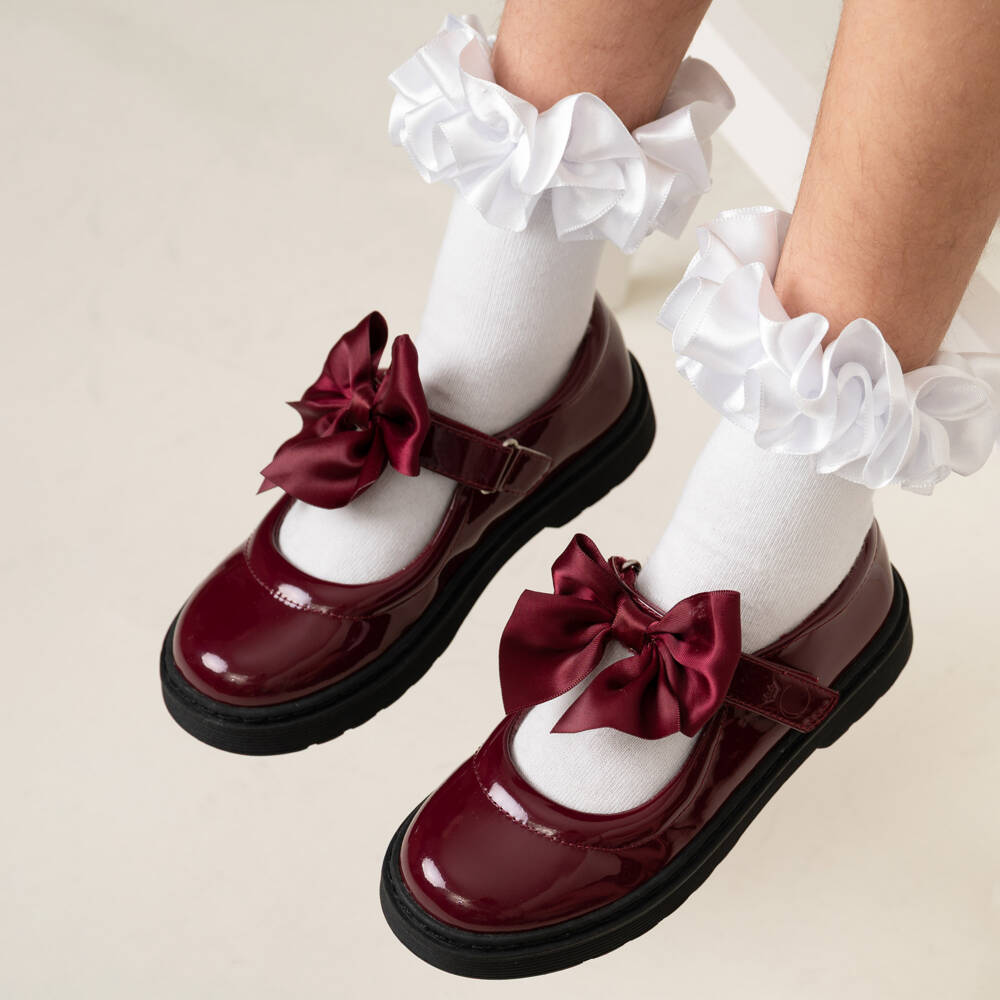 Caramelo Kids-Girls Burgundy Red Patent Velcro Shoes with Bow | Childrensalon Outlet