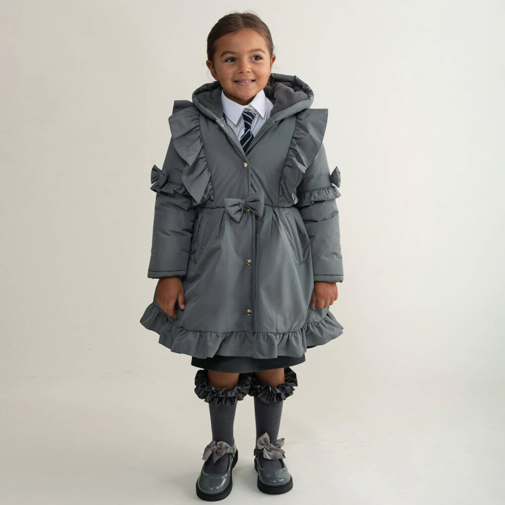 Caramelo Kids-Girls Charcoal Hooded Ruffle Coat | Childrensalon Outlet