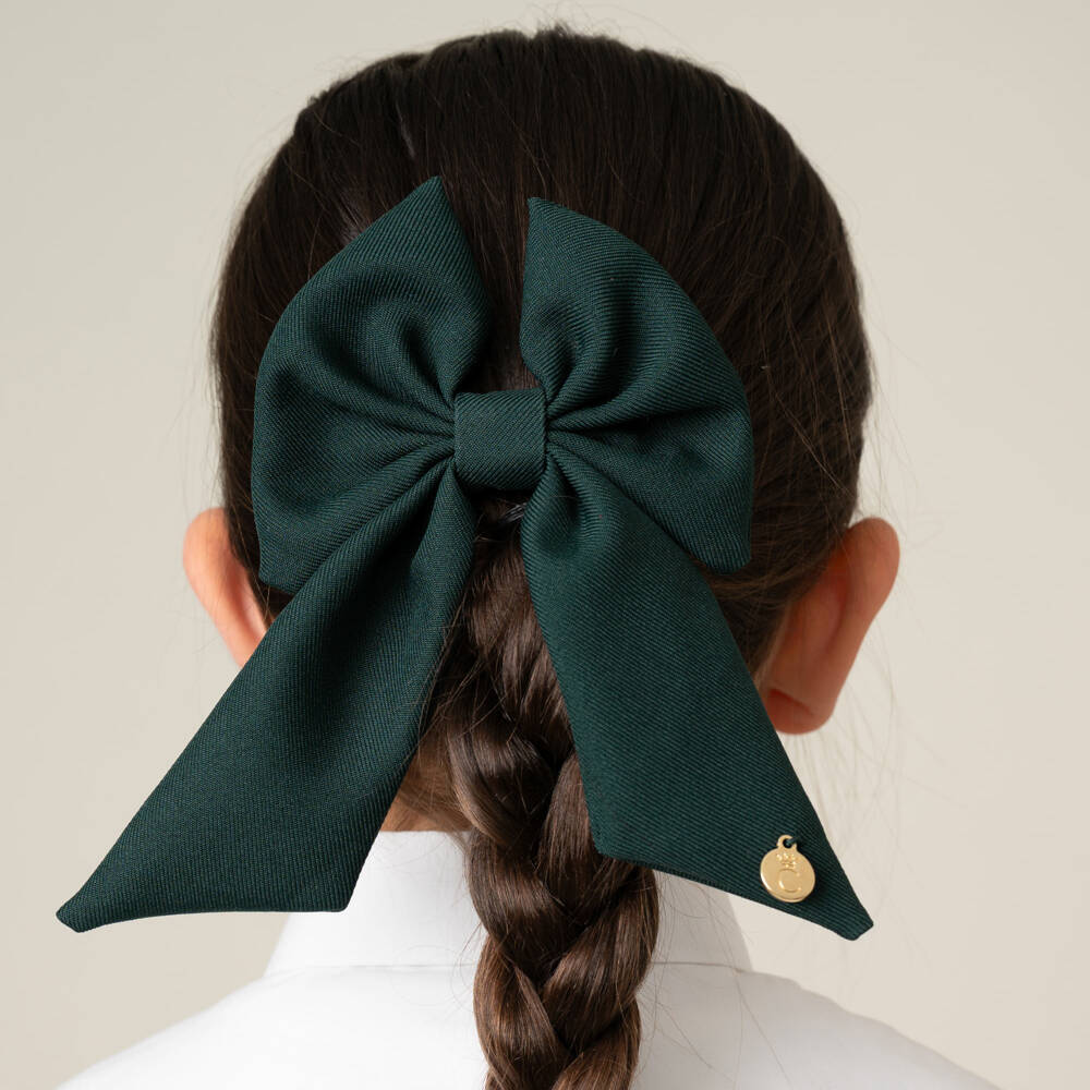 Caramelo Kids-Girls Dark Green Twill Bow Hair Clip (11cm) | Childrensalon Outlet