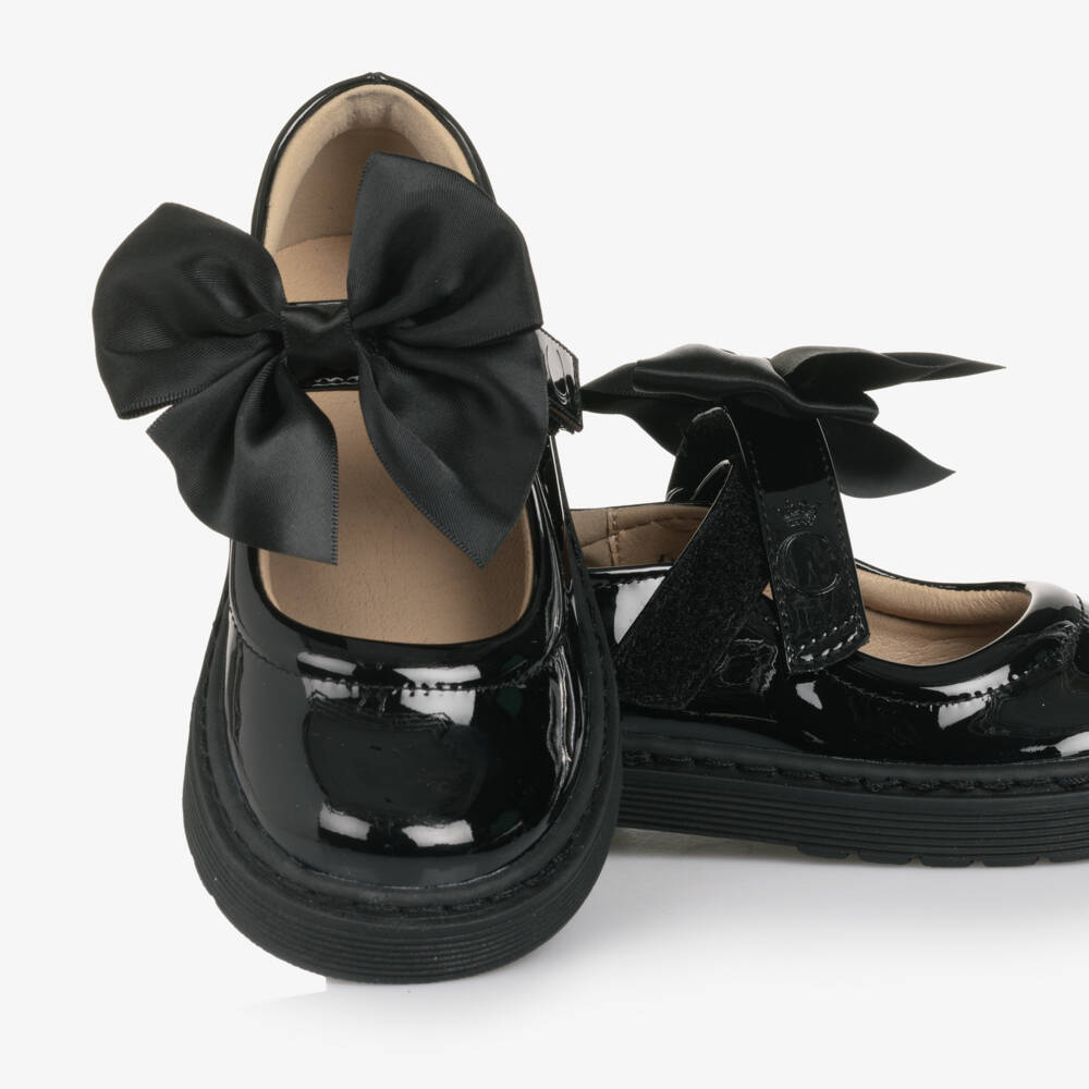 Caramelo Kids-Girls Glossy Black Bow Shoes | Childrensalon Outlet