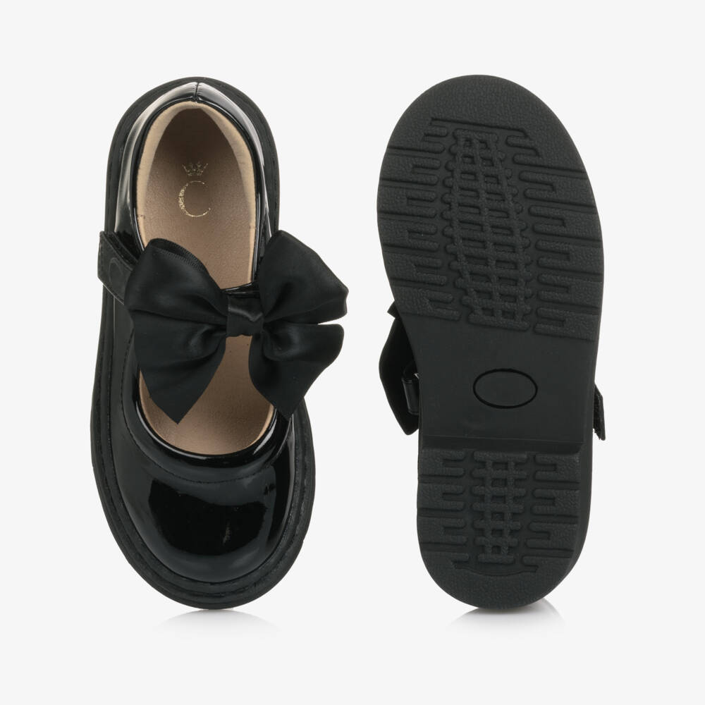 Caramelo Kids-Girls Glossy Black Bow Shoes | Childrensalon Outlet