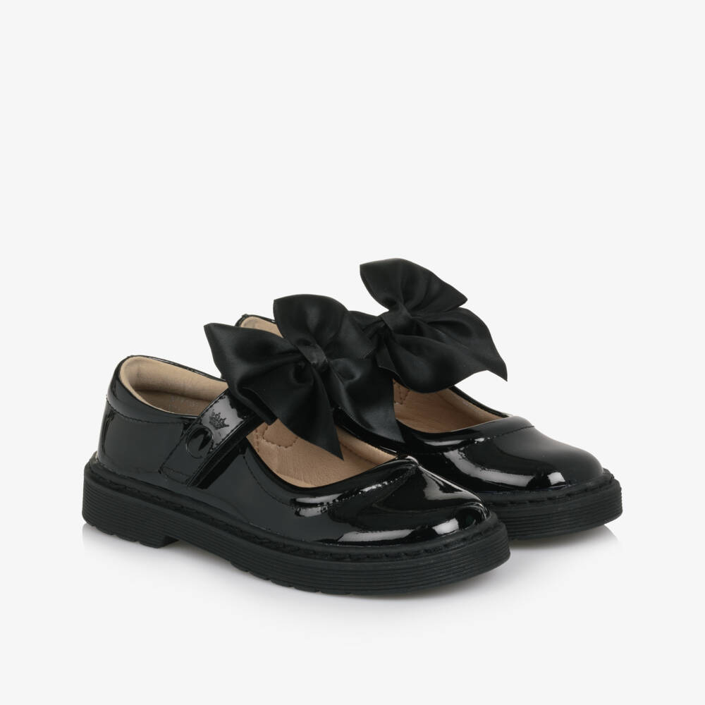Caramelo Kids-Girls Glossy Black Bow Shoes | Childrensalon Outlet