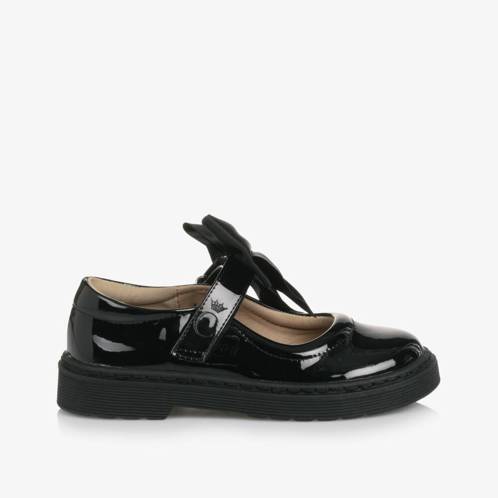 Caramelo Kids-Girls Glossy Black Bow Shoes | Childrensalon Outlet