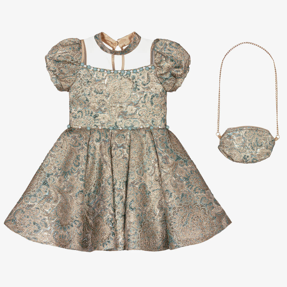 Caramelo Kids - Girls Gold & Blue Brocade Dress Set | Childrensalon