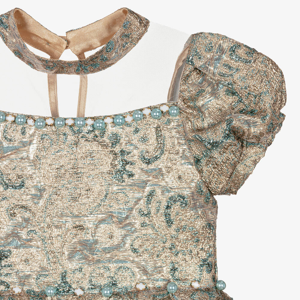 Caramelo Kids-Золотисто-синее платье и сумочка из парчи | Childrensalon Outlet