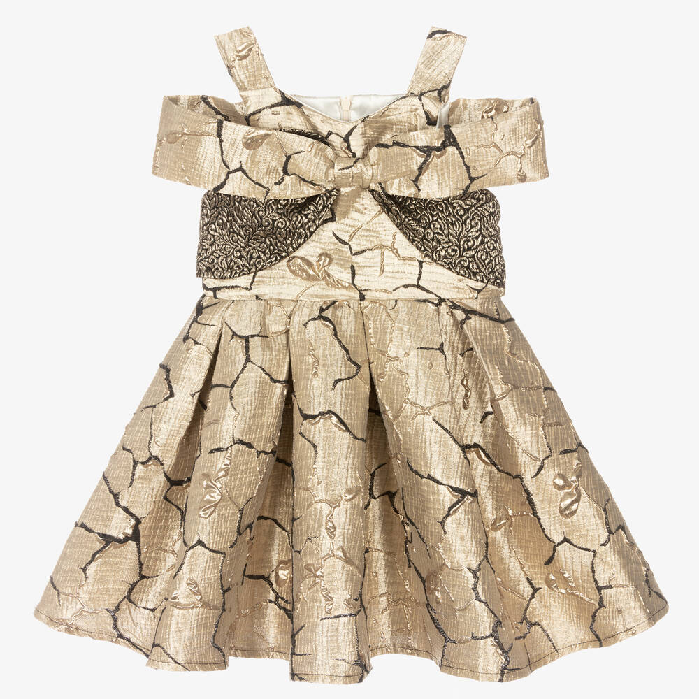 Caramelo Kids - Girls Gold Brocade Dress  | Childrensalon