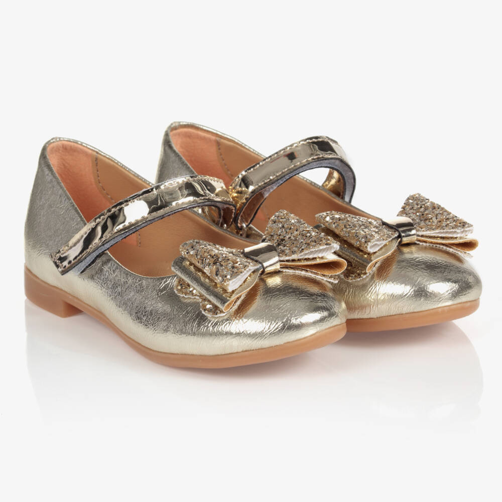 Caramelo Kids-Girls Gold Glitter Bow Pumps | Childrensalon Outlet