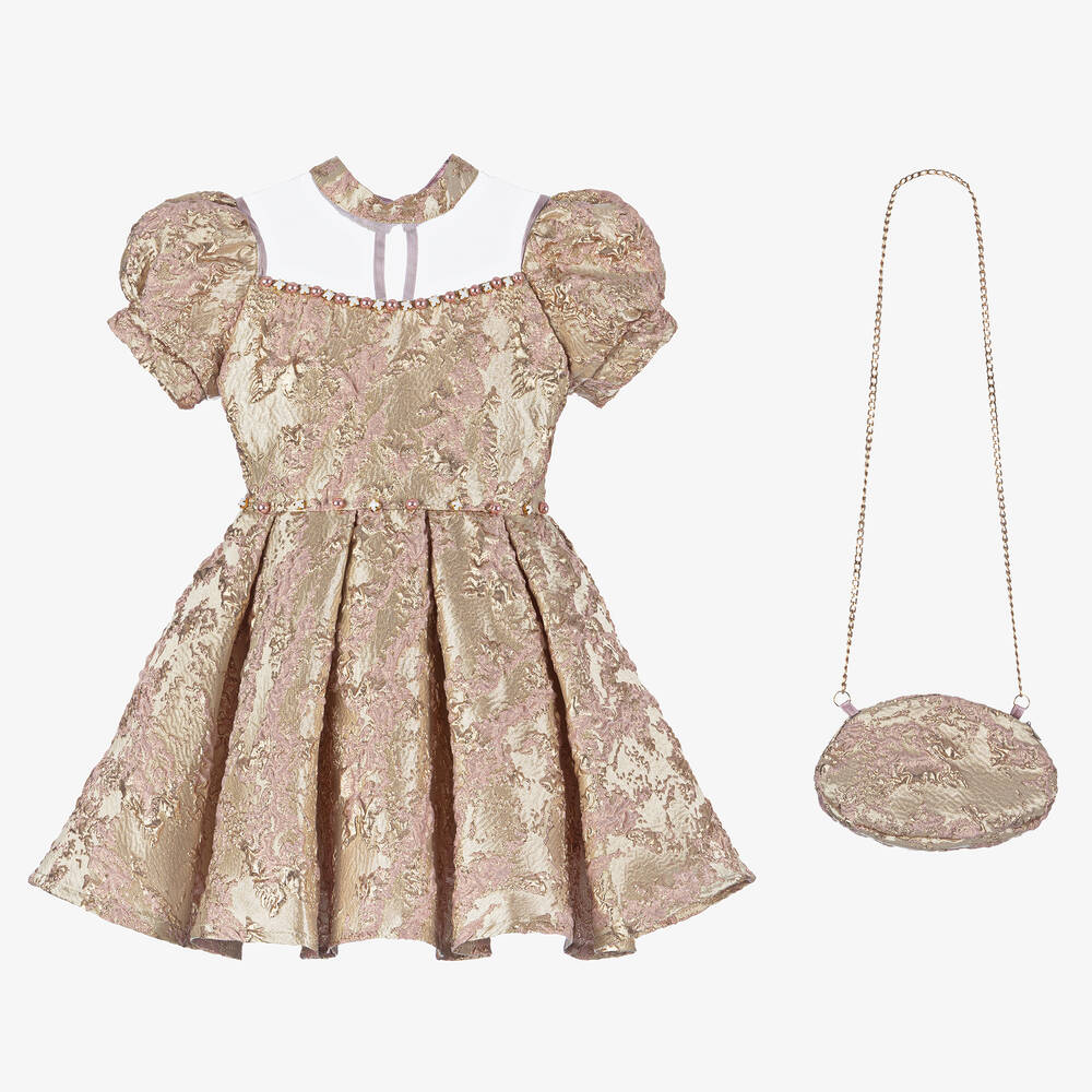 Caramelo Kids-Girls Gold & Pink Jacquard Dress Set | Childrensalon Outlet
