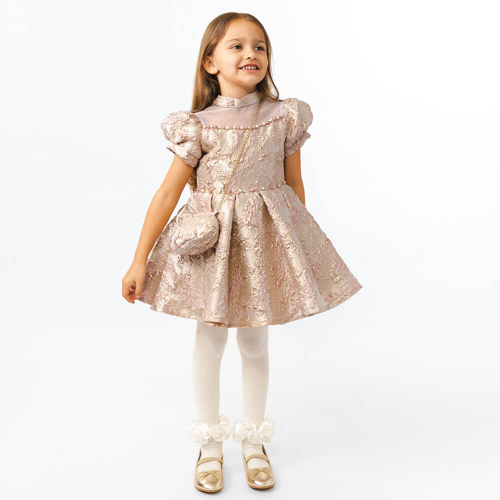 Caramelo Kids - Girls Gold & Pink Jacquard Dress Set