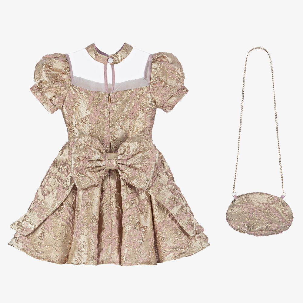 Caramelo Kids-Girls Gold & Pink Jacquard Dress Set | Childrensalon Outlet