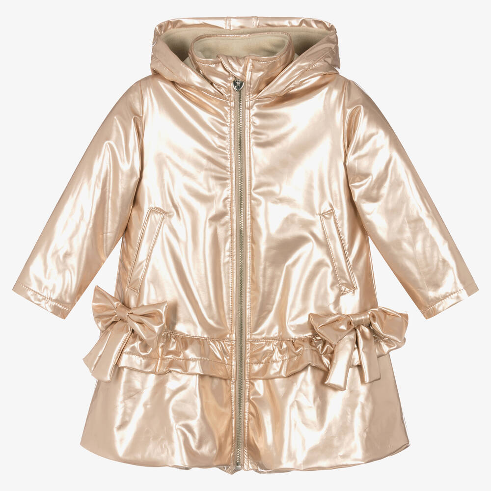 Caramelo Kids - Girls Gold Shimmer Bows Hooded Coat | Childrensalon