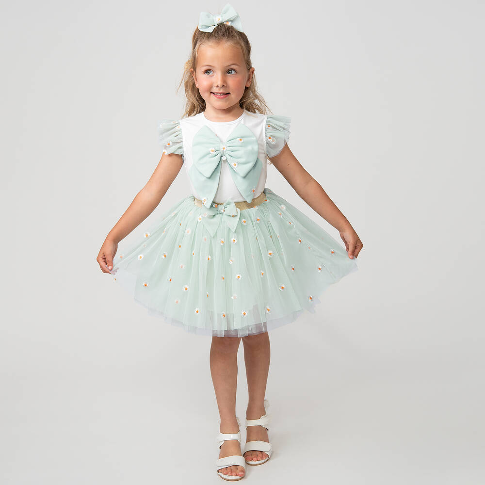 Caramelo Kids-Girls Green Daisy Tulle Skirt Set | Childrensalon Outlet