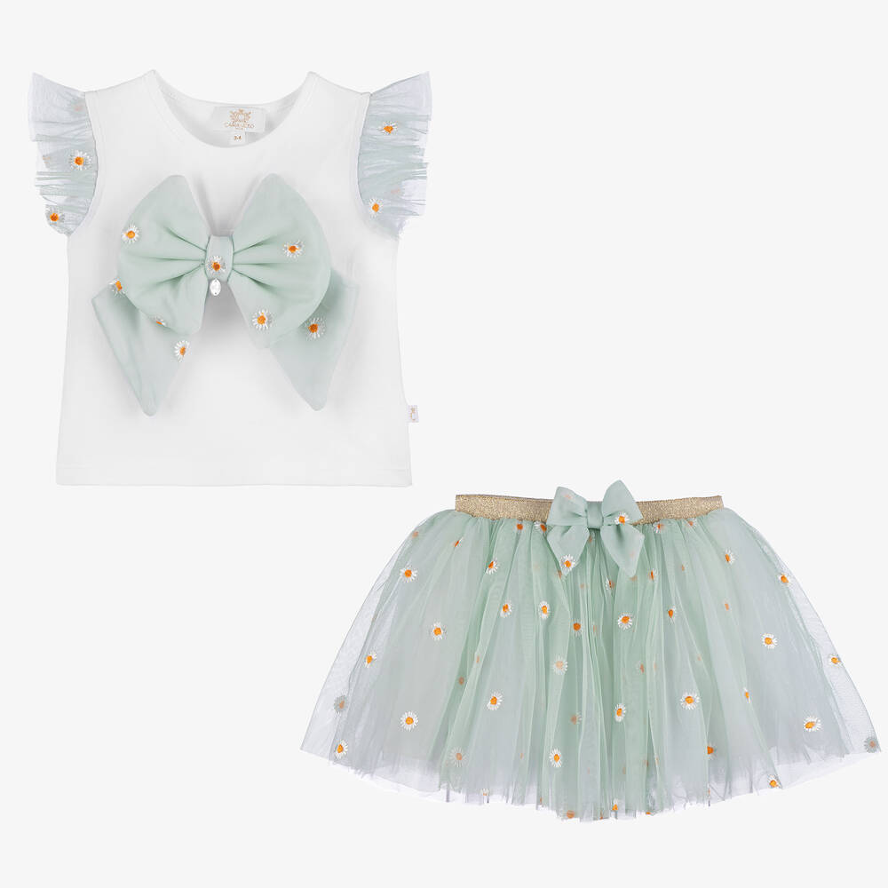 Caramelo Kids-Girls Green Daisy Tulle Skirt Set | Childrensalon Outlet