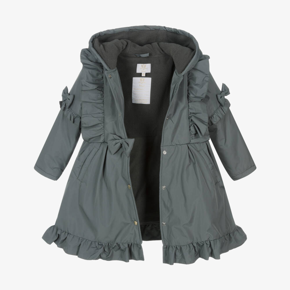 Caramelo Kids-Girls Grey Hooded Coat with Ruffles & Bows | Childrensalon Outlet