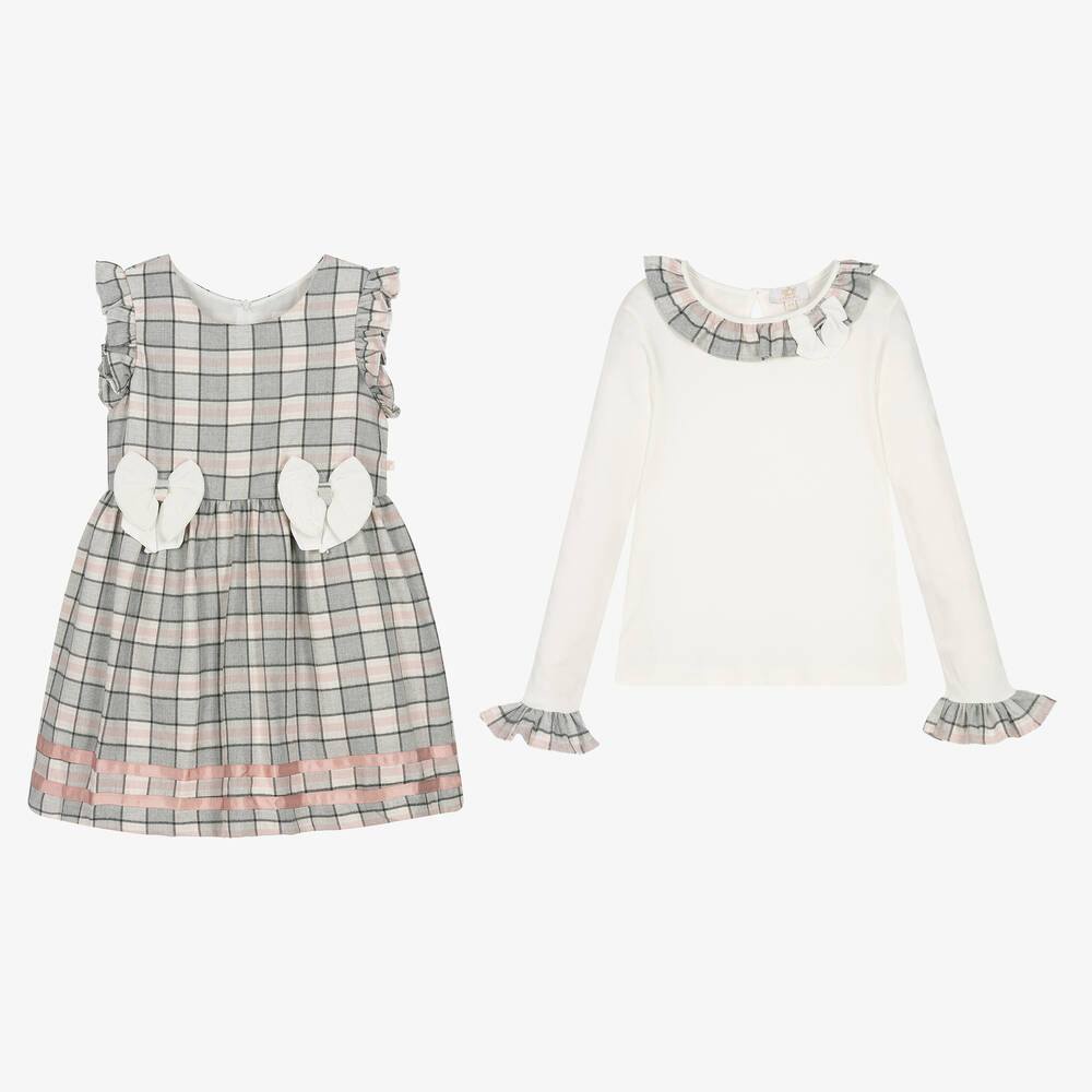 Caramelo Kids-Girls Grey & Pink Check Dress Set | Childrensalon Outlet