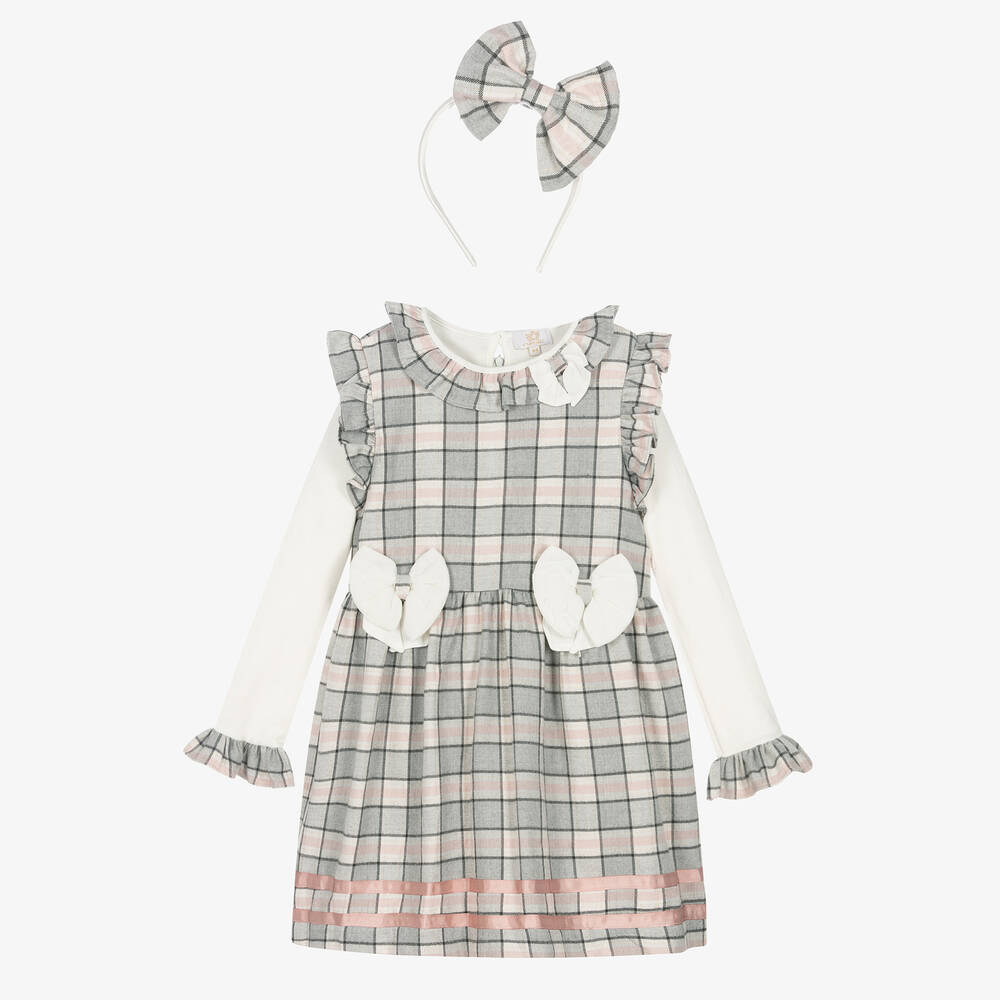 Caramelo Kids - Girls Grey & Pink Check Dress Set | Childrensalon