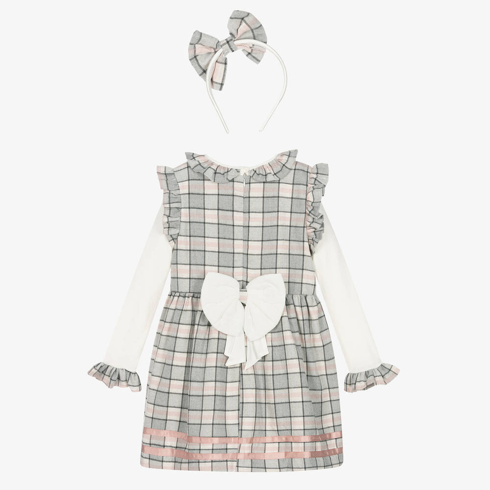 Caramelo Kids-Girls Grey & Pink Check Dress Set | Childrensalon Outlet