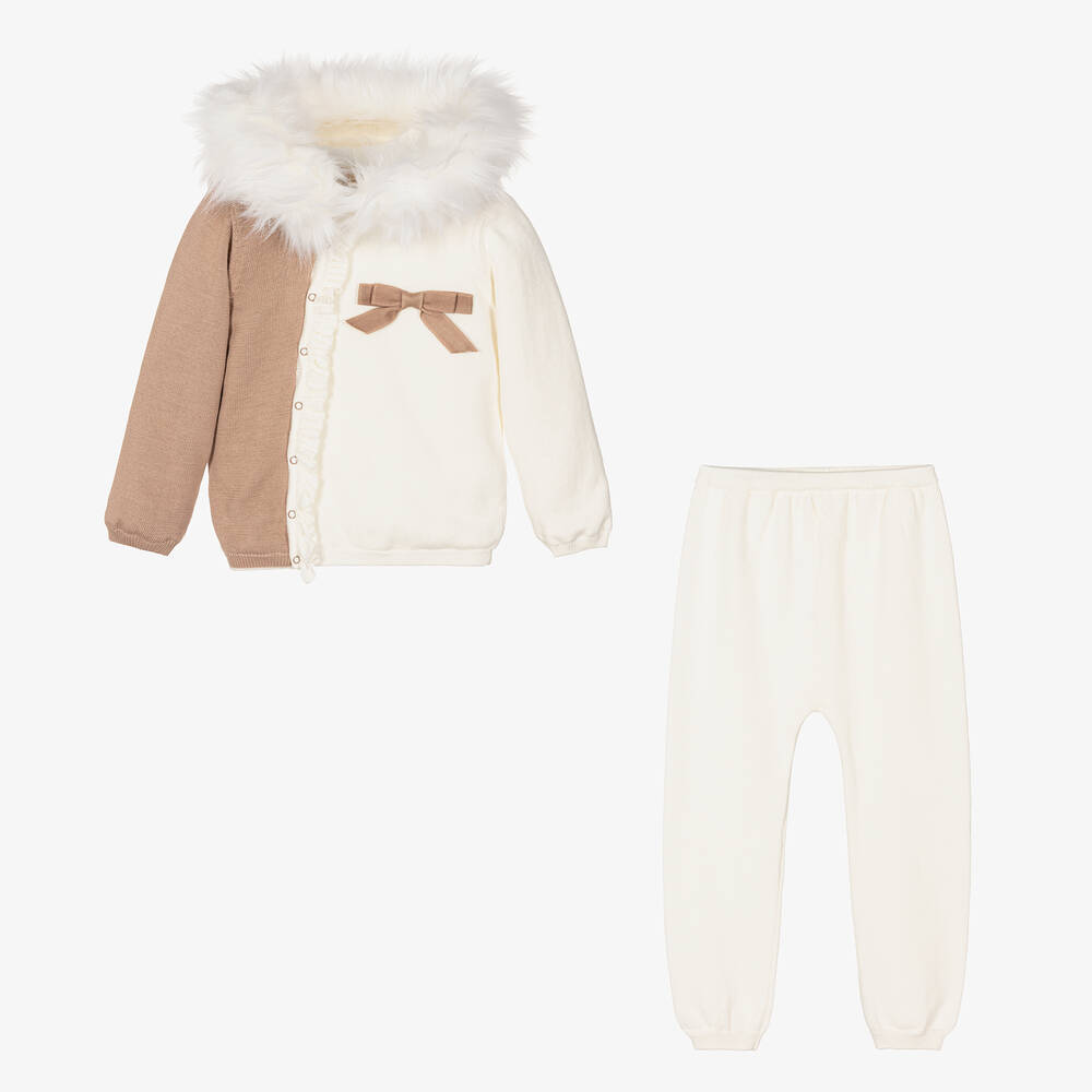 Caramelo Kids-Girls Ivory & Beige Cotton Knit Trousers Set | Childrensalon Outlet