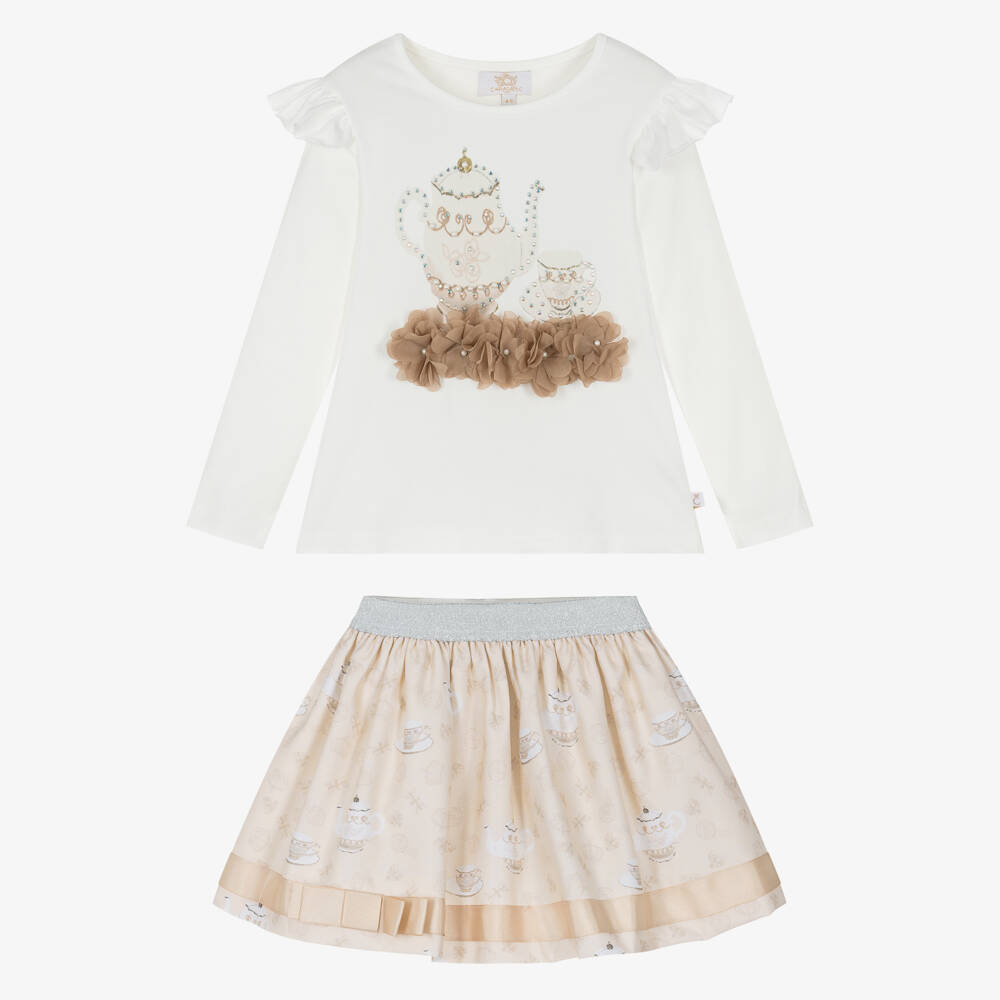 Caramelo Kids-Girls Ivory & Beige Tea Party Skirt Set | Childrensalon Outlet