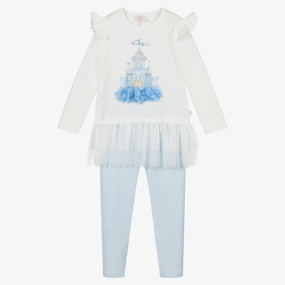 Caramelo Kids - Girls Ivory & Blue Cotton Leggings Set | Childrensalon