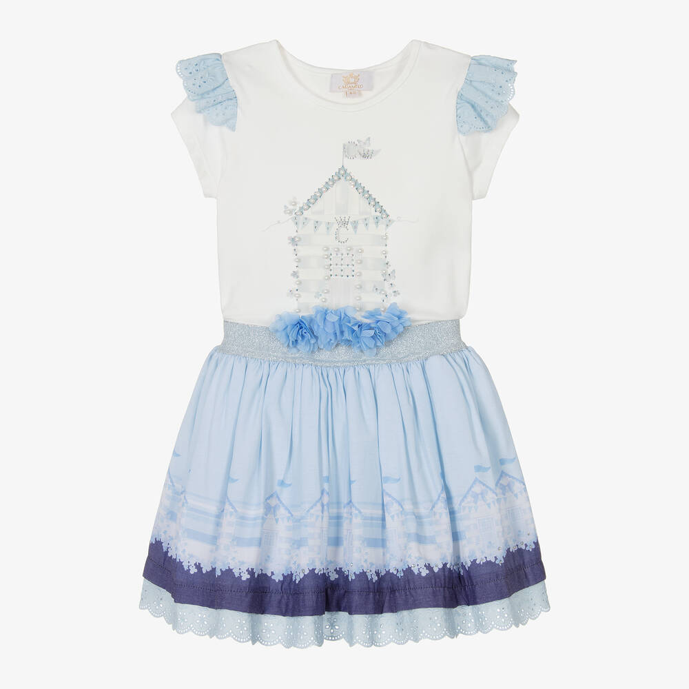 Caramelo Kids-Girls Ivory & Blue Skirt Set | Childrensalon Outlet