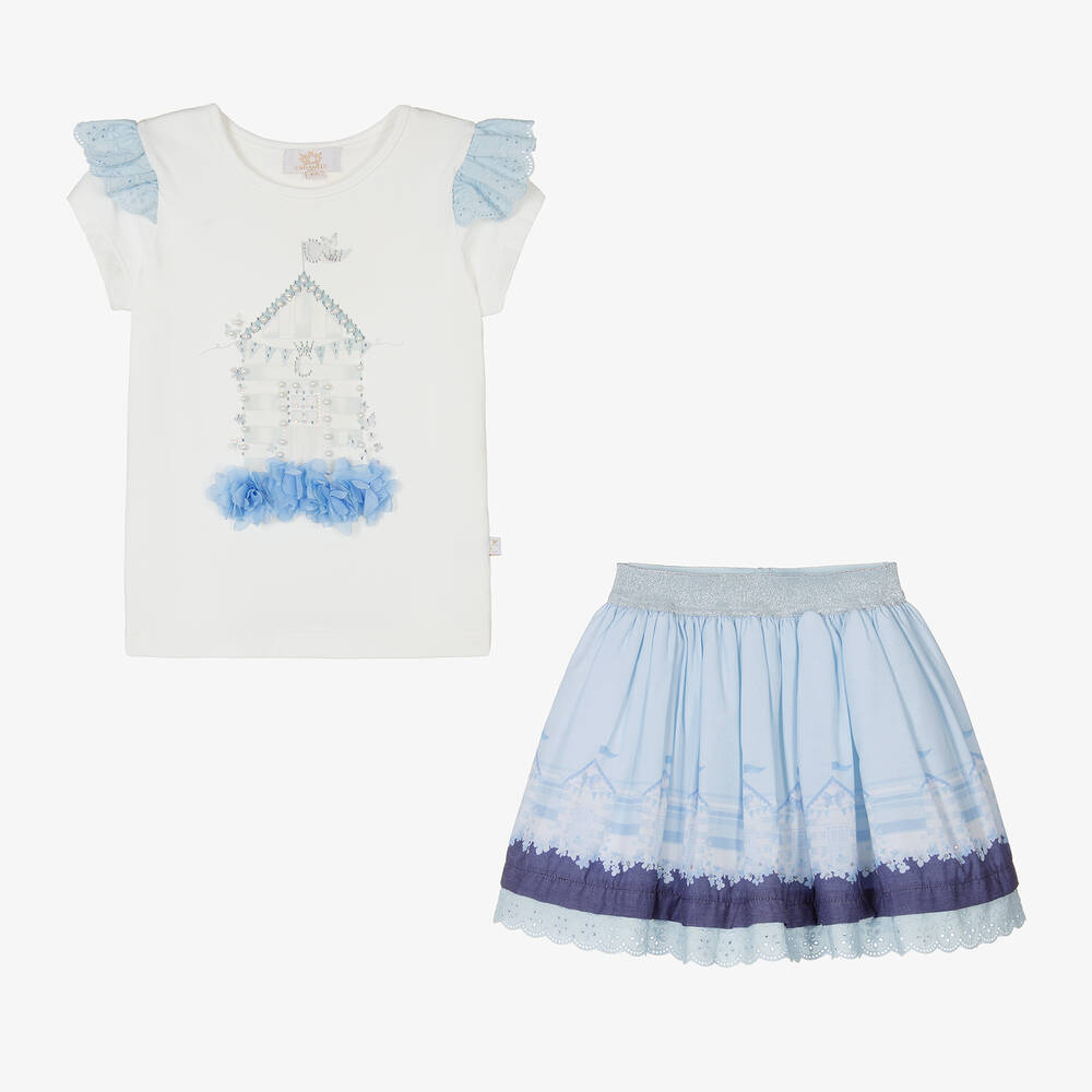 Caramelo Kids-Girls Ivory & Blue Skirt Set | Childrensalon Outlet