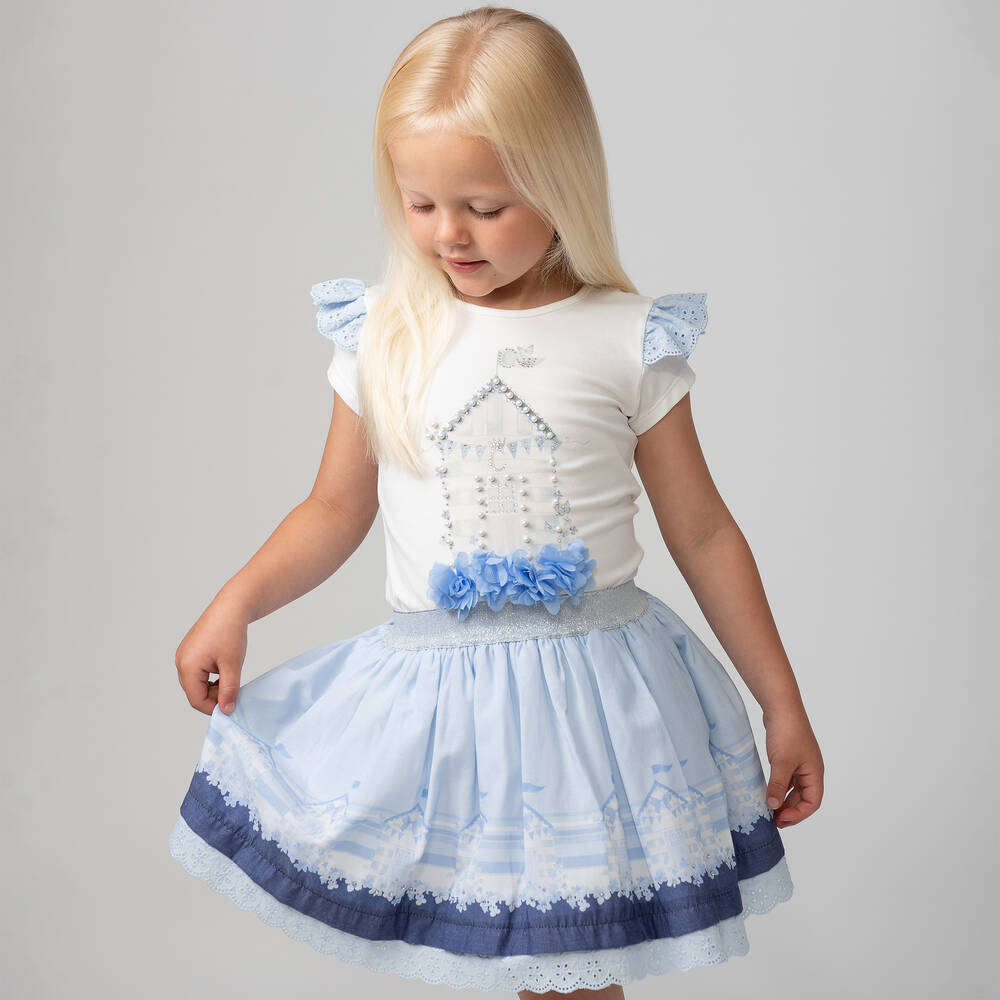 Caramelo Kids-Girls Ivory & Blue Skirt Set | Childrensalon Outlet