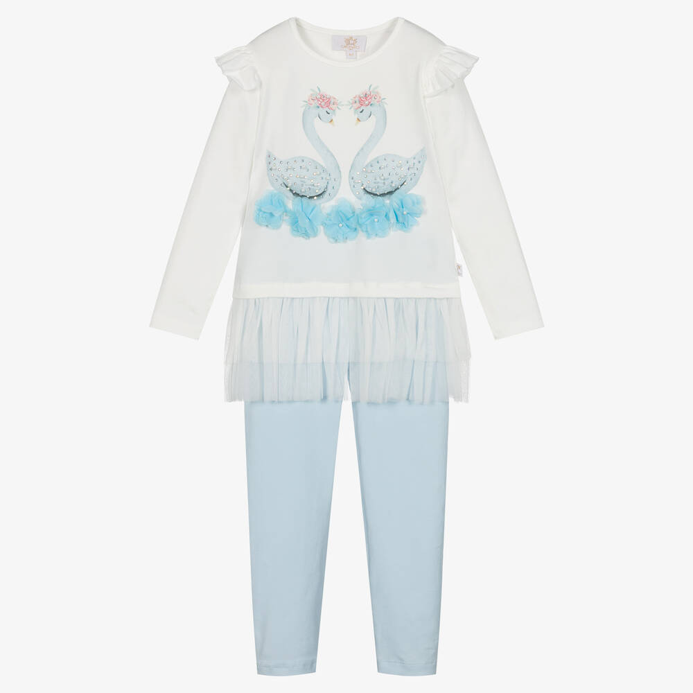 Caramelo Kids - Girls Ivory & Blue Swan Leggings Set | Childrensalon