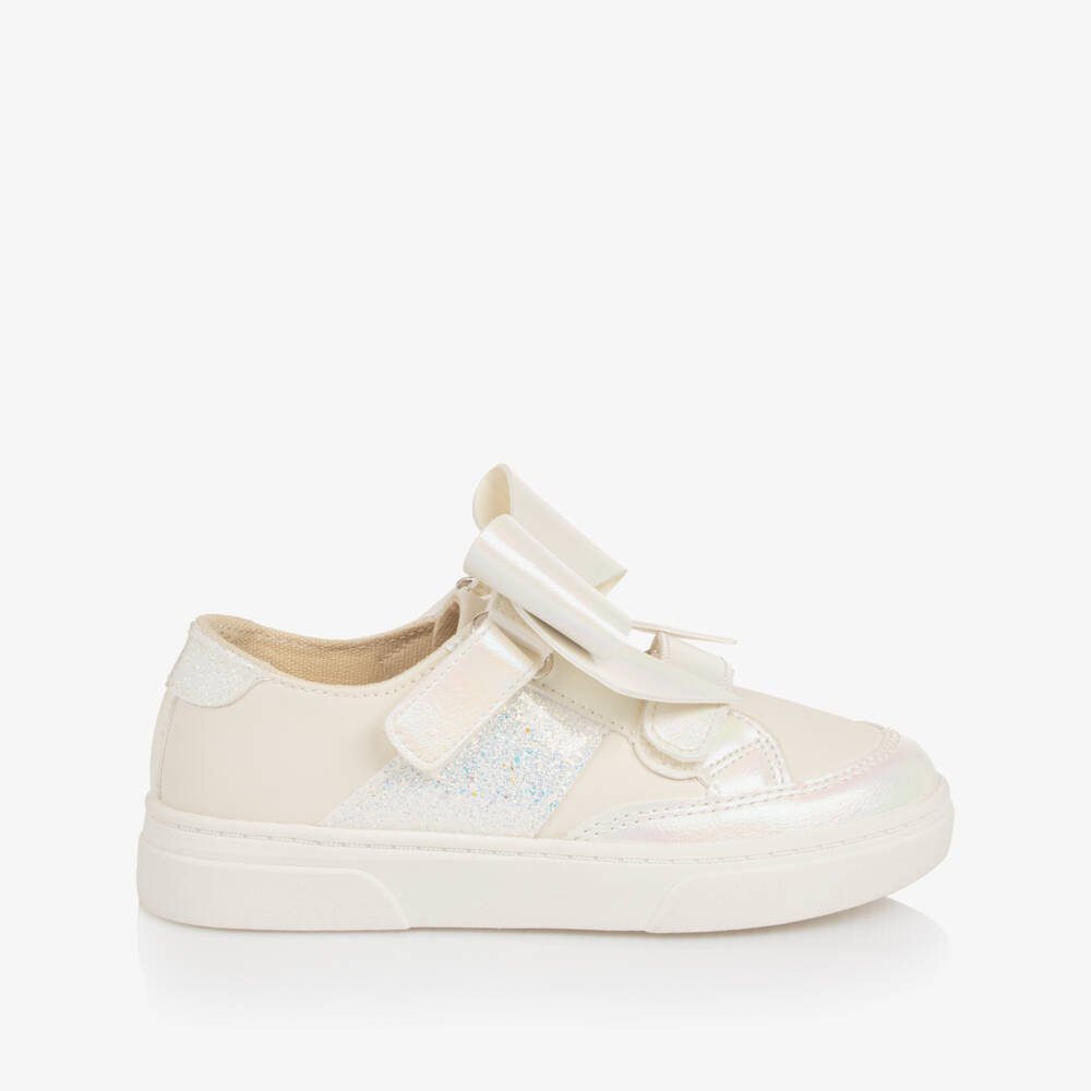 Caramelo Kids-Girls Ivory Faux Leather Bow Trainers | Childrensalon Outlet