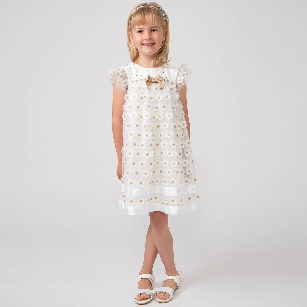 Caramelo Kids-Girls Ivory Floral Tulle Dress | Childrensalon Outlet