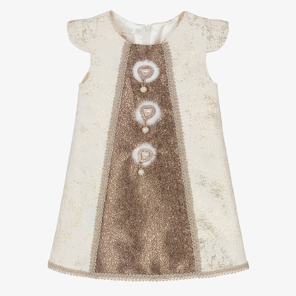 Caramelo Kids-Girls Ivory & Gold Brocade Dress | Childrensalon Outlet
