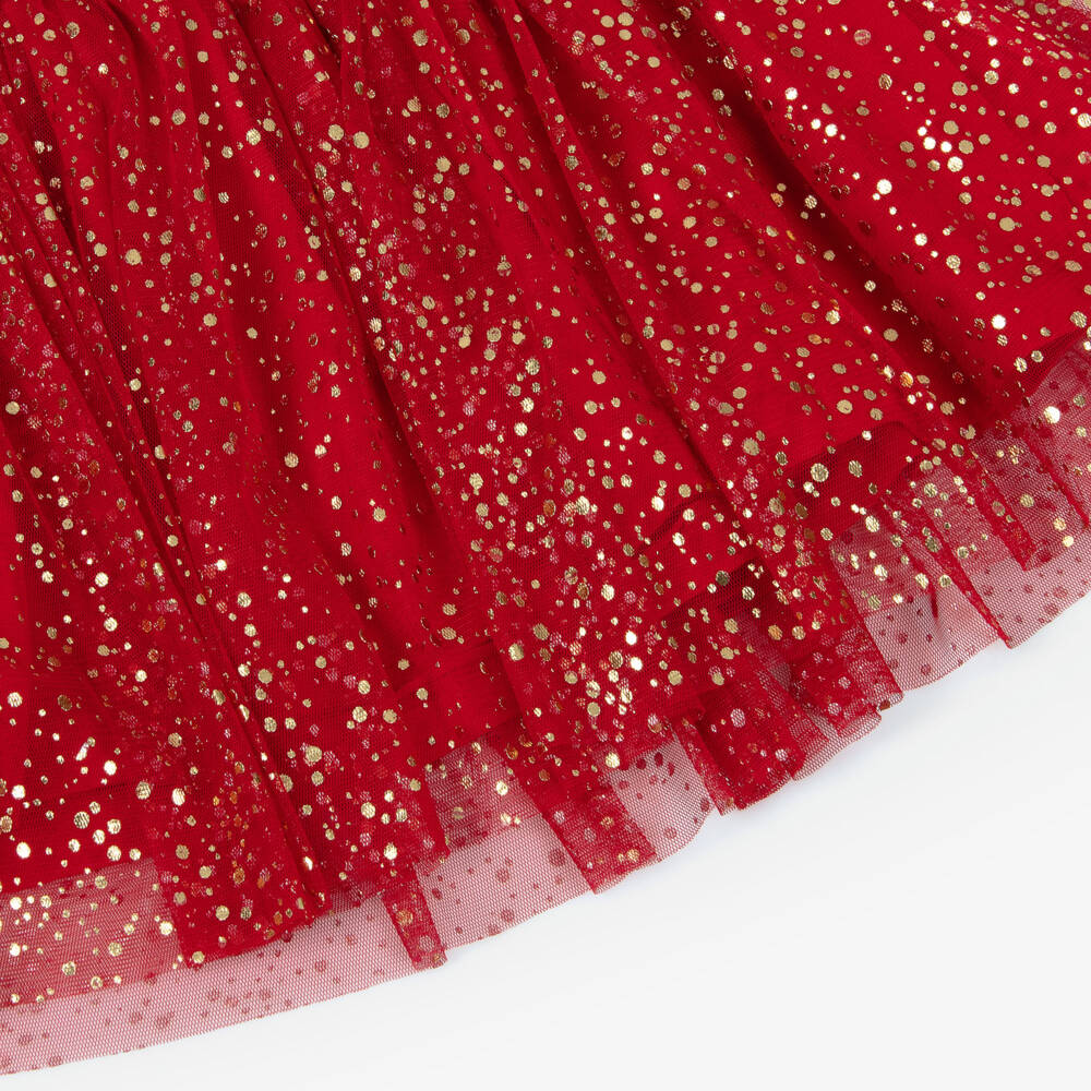 Caramelo Kids-Girls Ivory Jersey & Red Tulle Dress with Gold Dots | Childrensalon Outlet