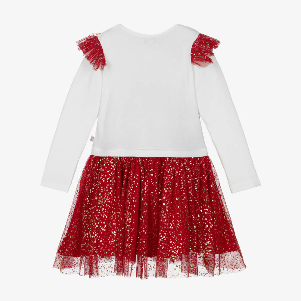 Caramelo Kids-Girls Ivory Jersey & Red Tulle Dress with Gold Dots | Childrensalon Outlet