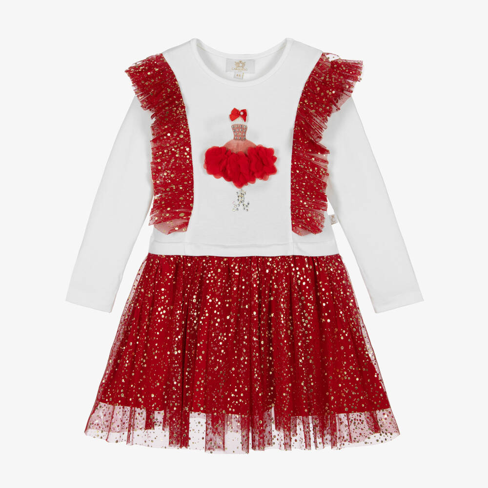 Caramelo Kids-Girls Ivory Jersey & Red Tulle Dress with Gold Dots | Childrensalon Outlet