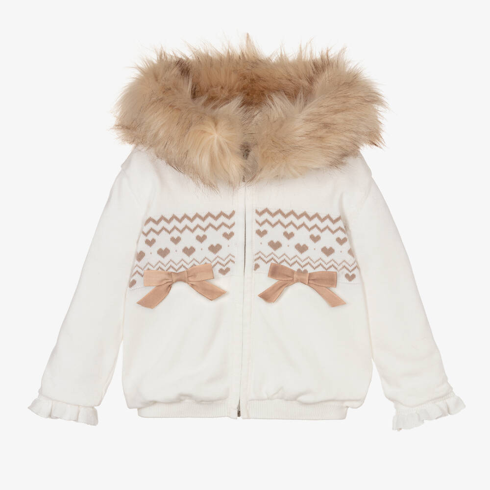 Caramelo Kids - Girls Ivory Knitted Zip-Up Hoodie | Childrensalon