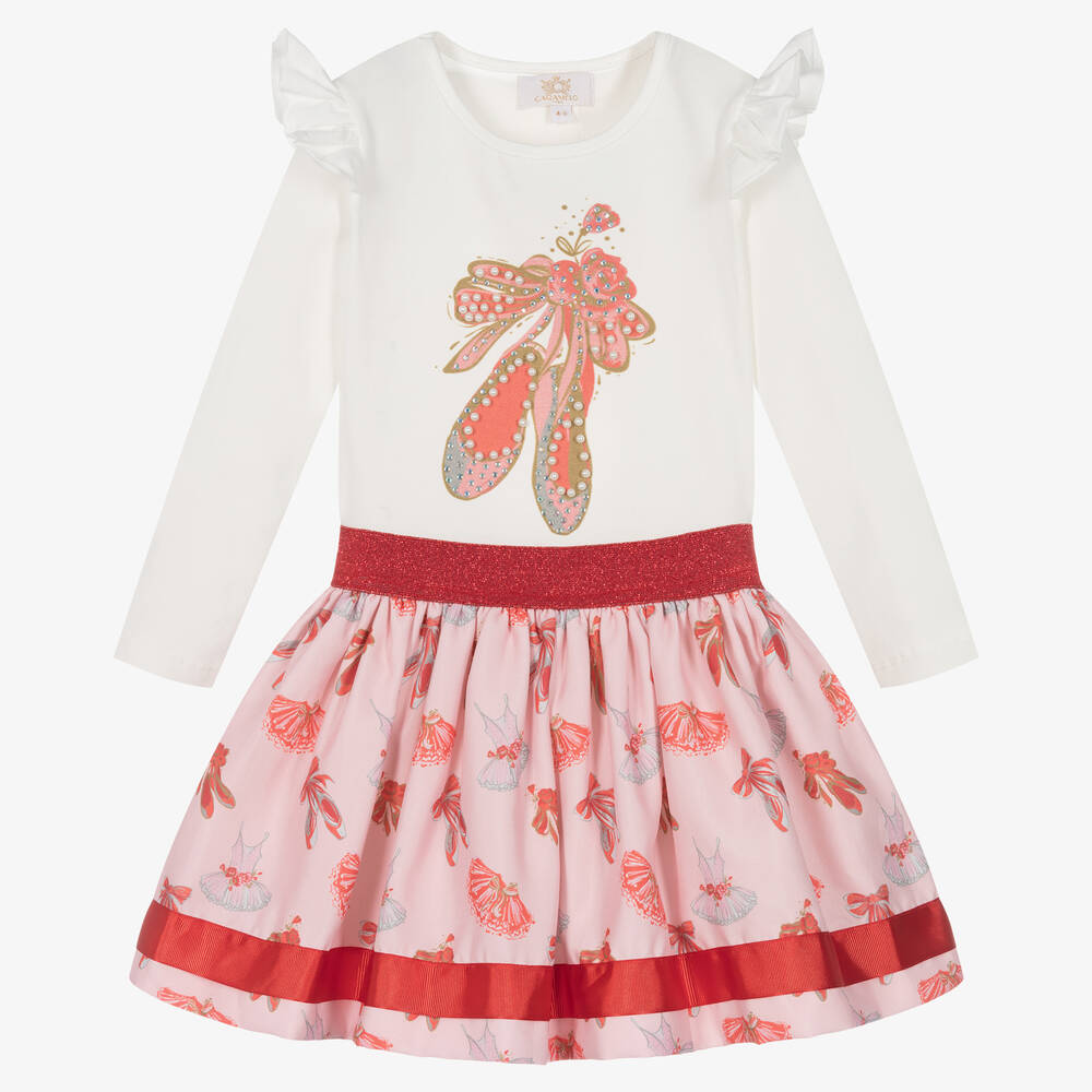 Caramelo Kids - Girls Ivory & Pink Ballerina Skirt Set  | Childrensalon