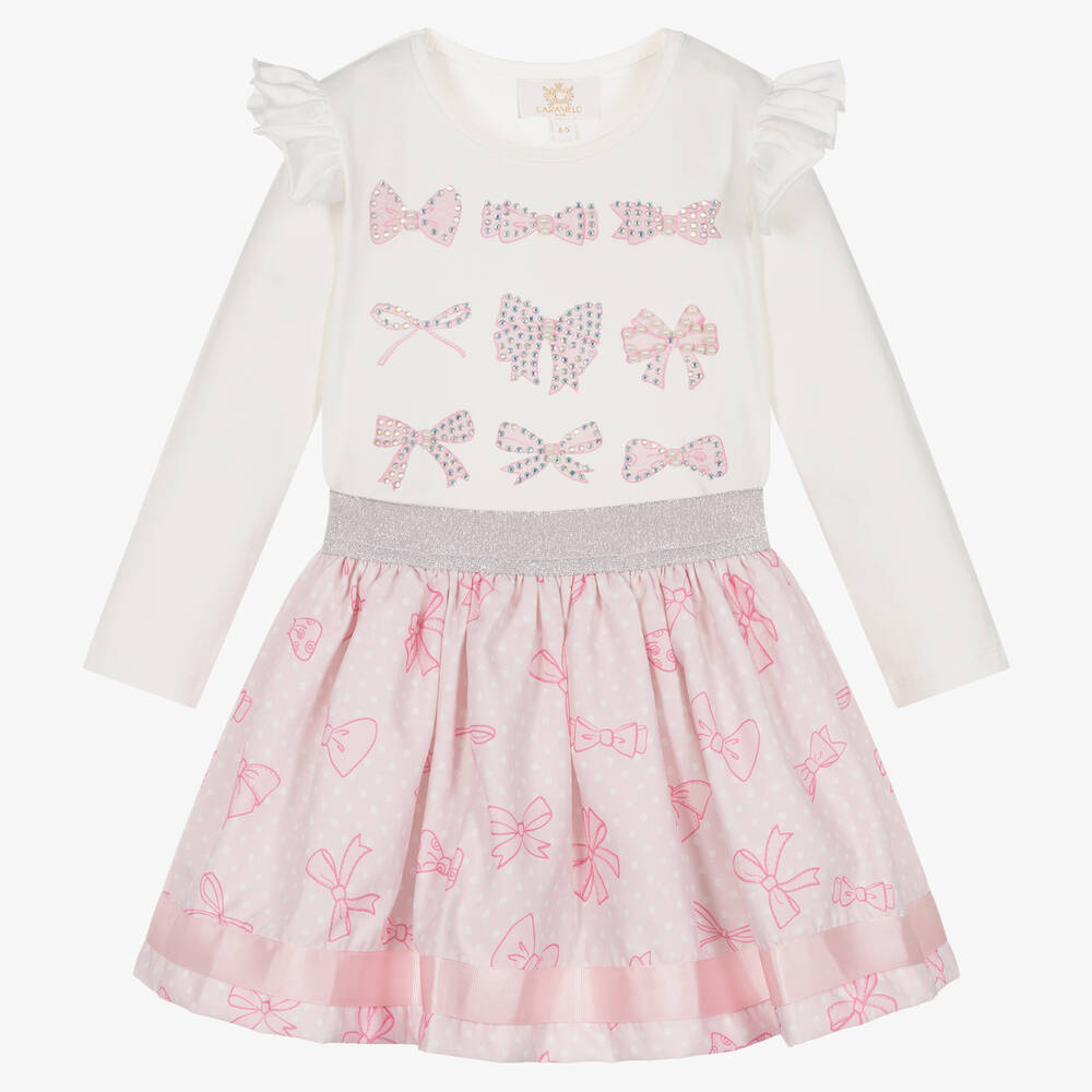 Caramelo Kids - Girls Ivory & Pink Bows Skirt Set | Childrensalon