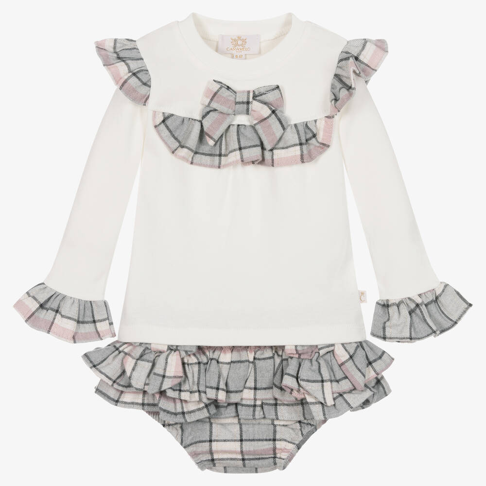 Caramelo Kids - Girls Ivory & Pink Checked Shorts Set | Childrensalon