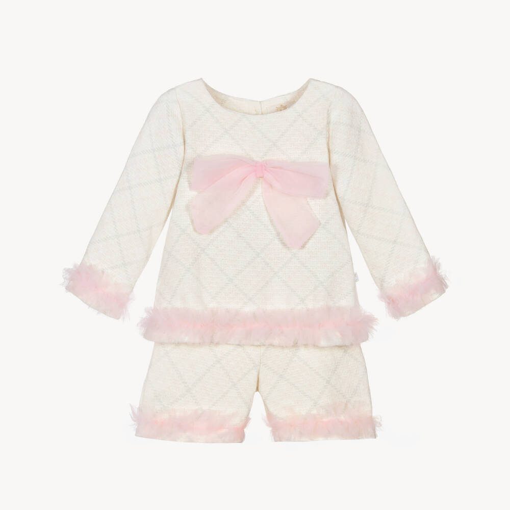 Caramelo Kids-Girls Ivory & Pink Checked Shorts Set | Childrensalon Outlet