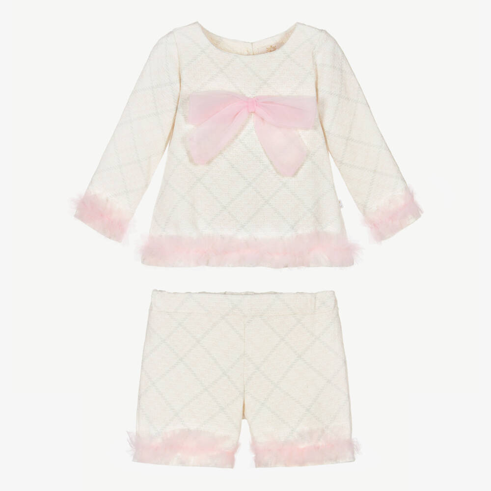 Caramelo Kids-Girls Ivory & Pink Checked Shorts Set | Childrensalon Outlet