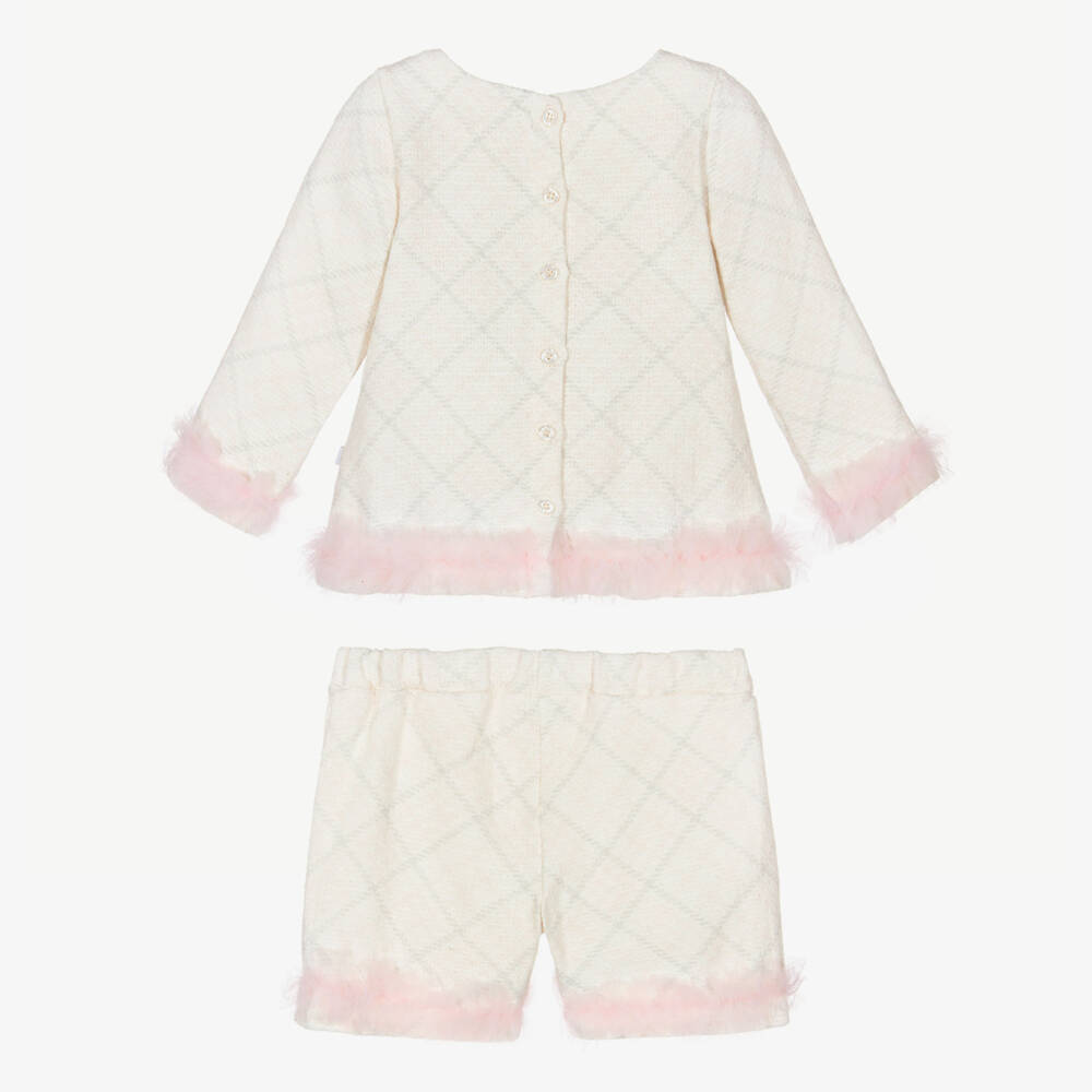 Caramelo Kids-Girls Ivory & Pink Checked Shorts Set | Childrensalon Outlet