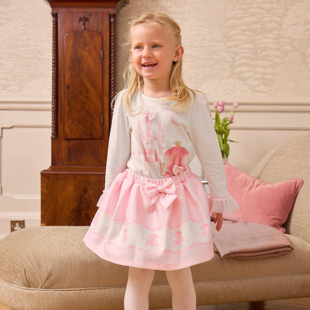 Caramelo Kids-Girls Ivory & Pink Cotton Fairy Tale Castle Skirt Set | Childrensalon Outlet